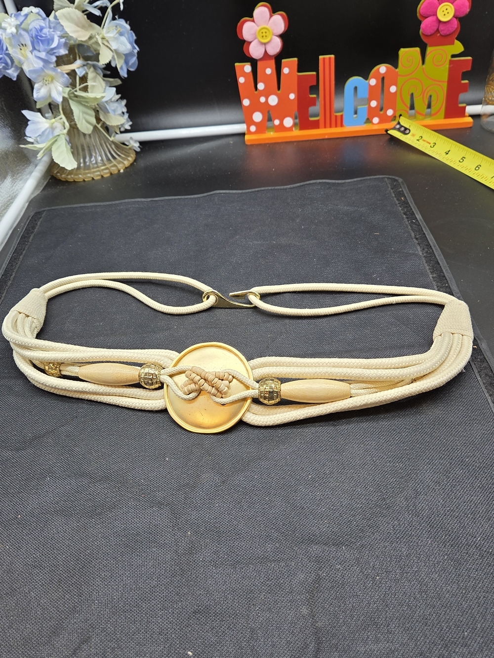 VTG The Leather Shop Braided Belt Womens XL WHITE w/ Gold Buckle Beads Summer